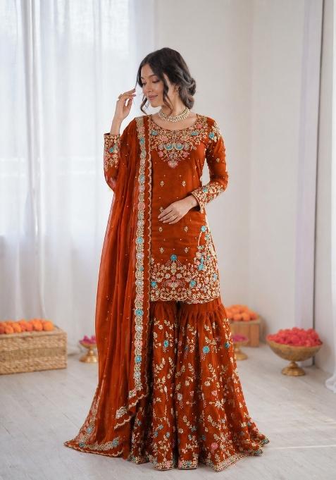Orange Embroidered Silk Pakistani Suit Set