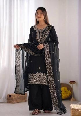 Black Embroidered Silk Blend Kurta Set