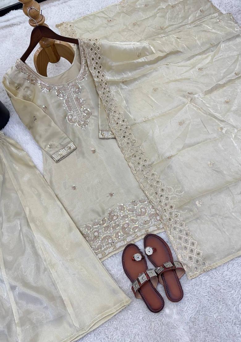 Cream Embroidered Silk Blend Kurta Set - Indya