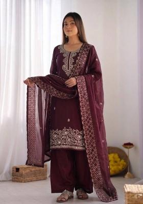 Maroon Embroidered Silk Blend Kurta Set