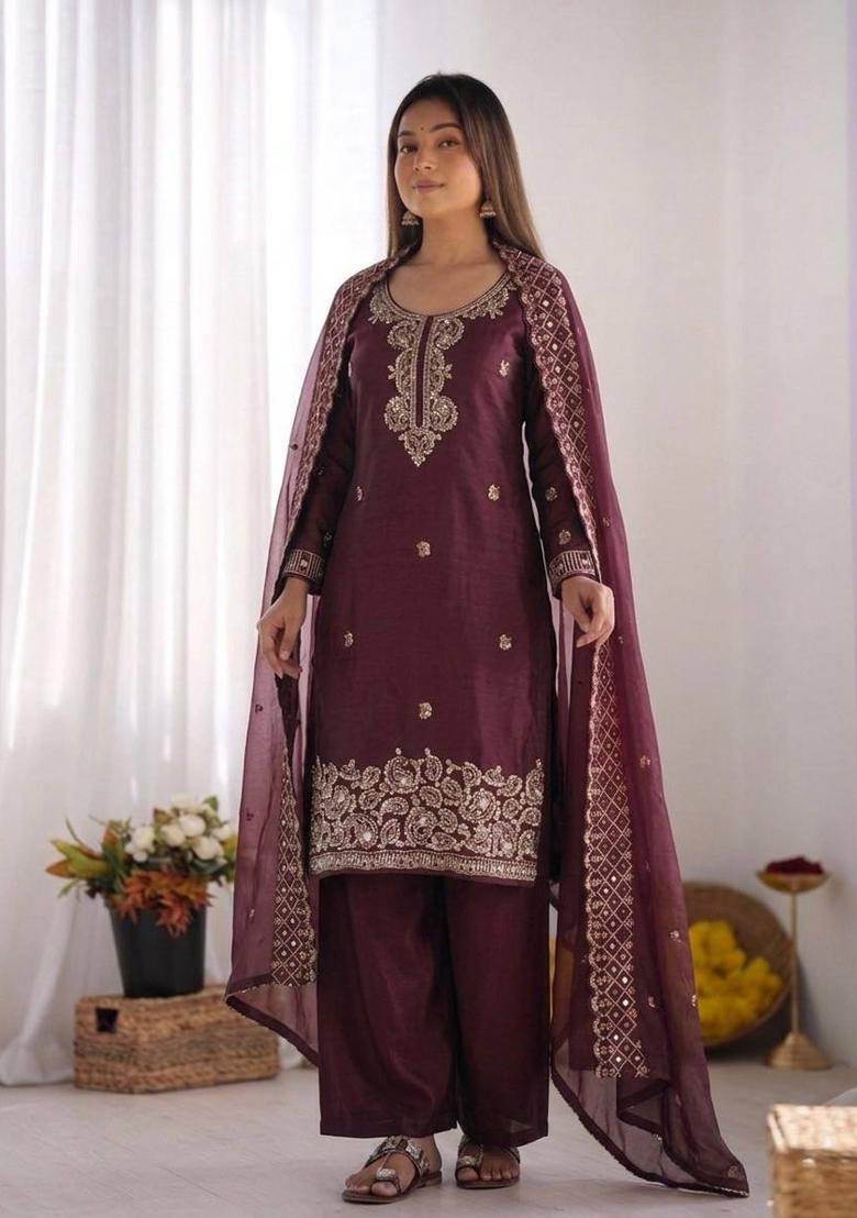 Maroon Embroidered Silk Blend Kurta Set - Indya