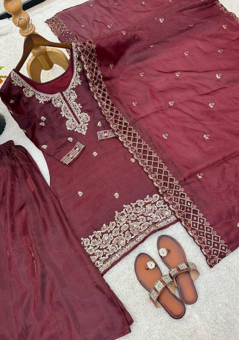 Maroon Embroidered Silk Blend Kurta Set - Indya