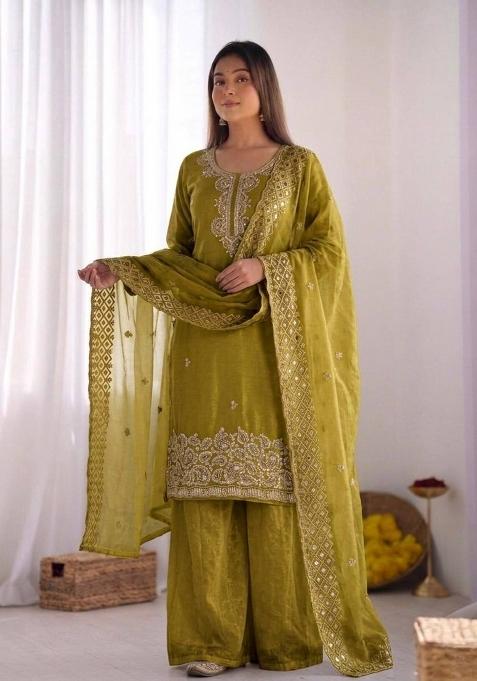 Olive Embroidered Silk Blend Kurta Set
