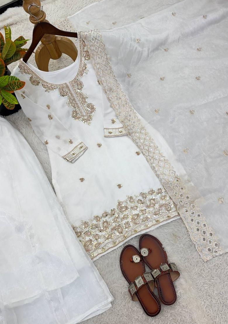 White Embroidered Silk Blend Kurta Set - Indya