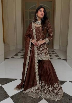 Brown Embroidered Silk Blend Kurta Set