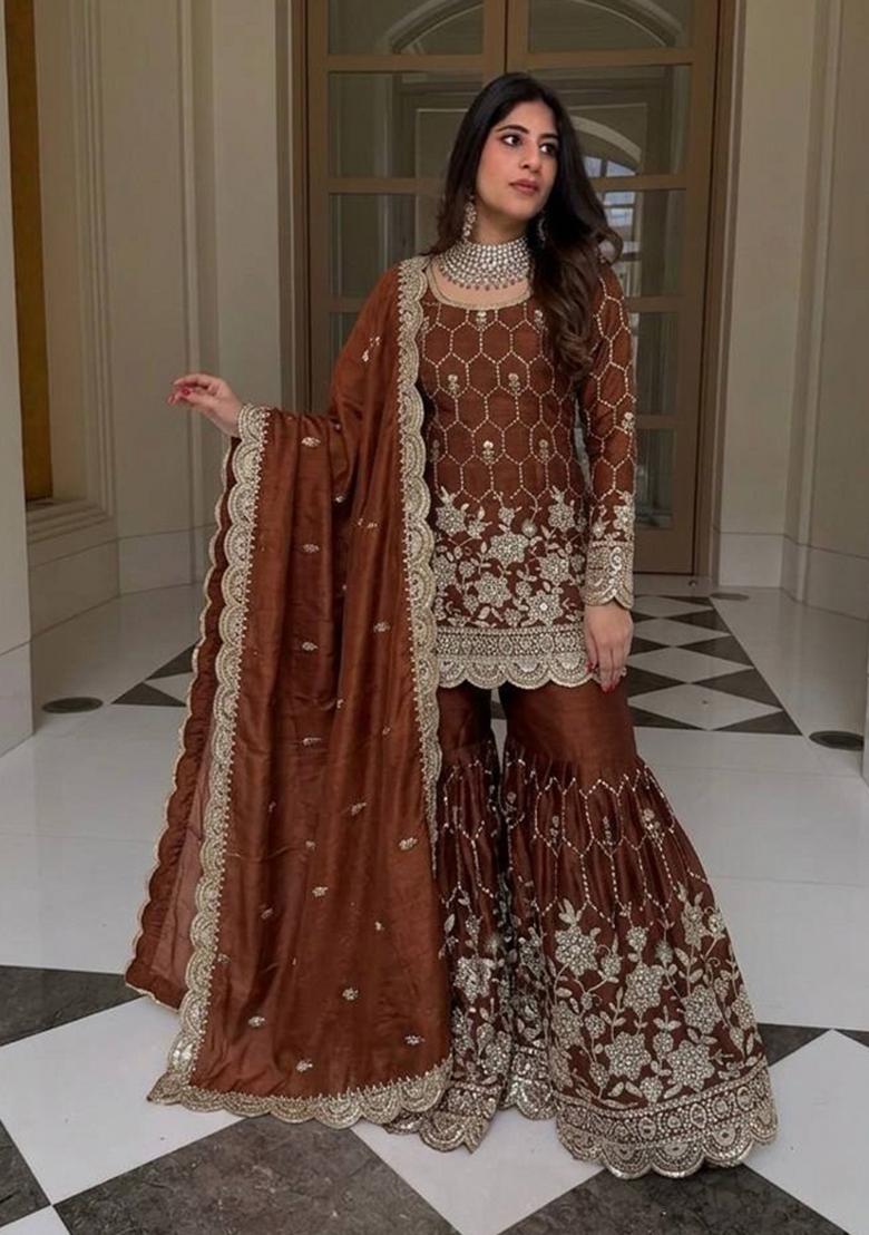 Brown Embroidered Silk Blend Kurta Set - Indya