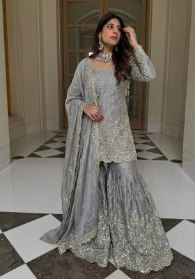 Grey Embroidered Silk Blend Kurta Set