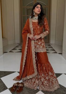 Orange Embroidered Silk Blend Kurta Set