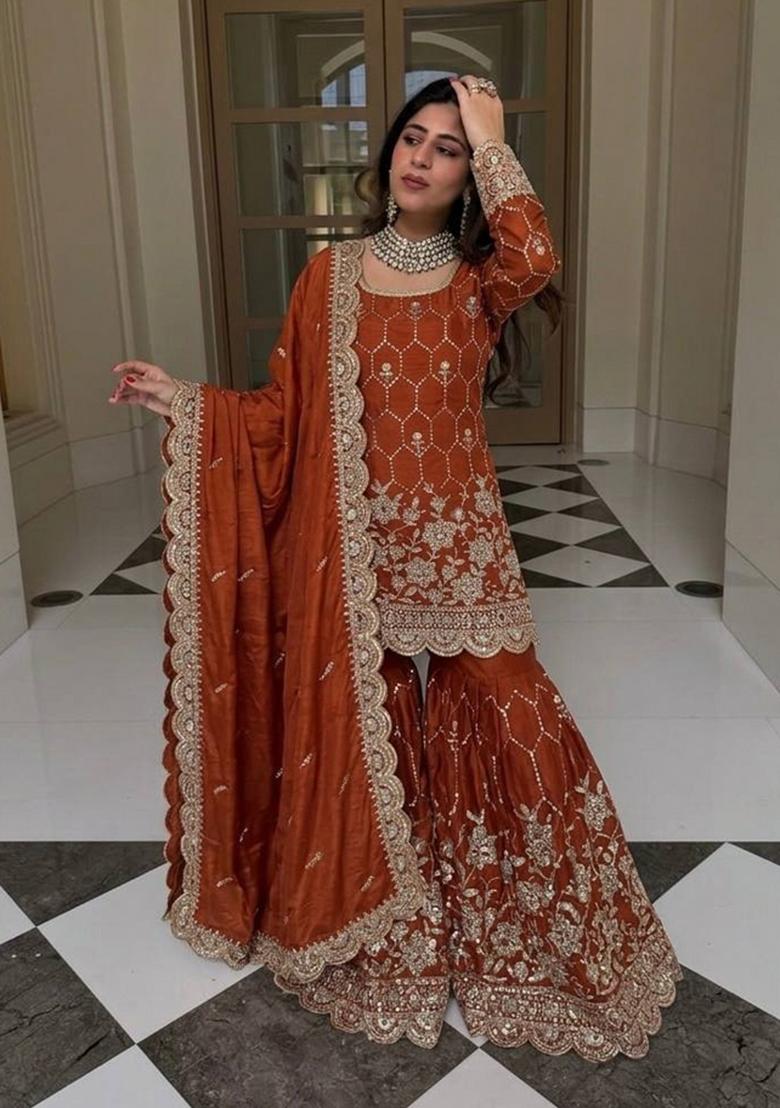 Orange Embroidered Silk Blend Kurta Set - Indya