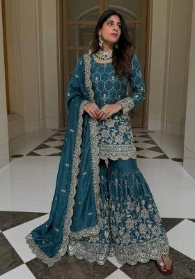 Teal Embroidered Silk Blend Kurta Set
