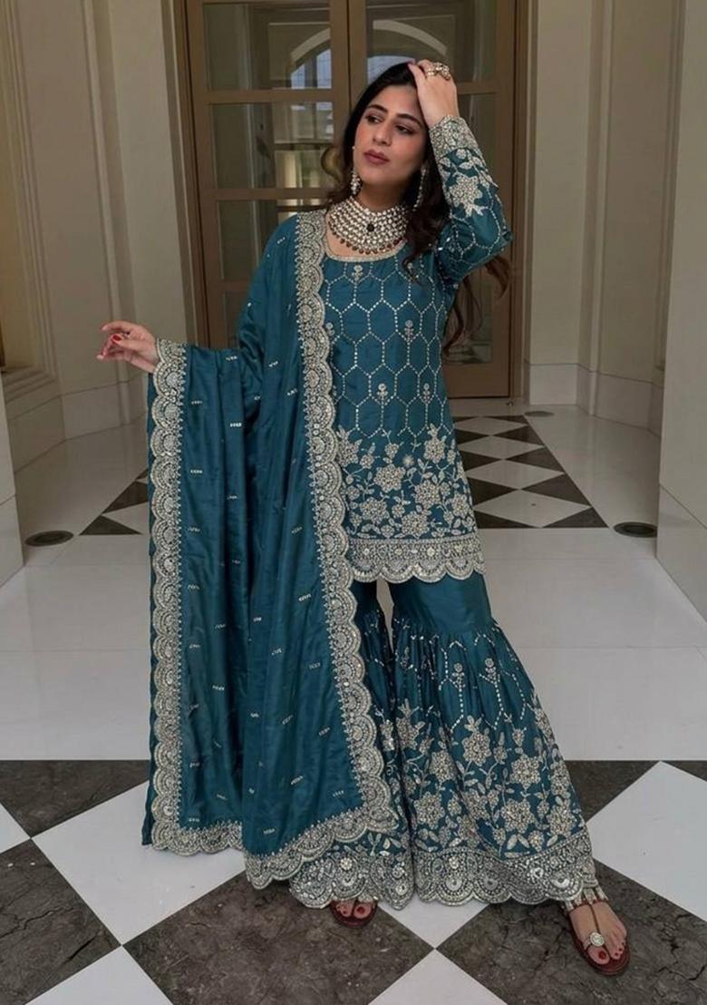 Teal Embroidered Silk Blend Kurta Set - Indya
