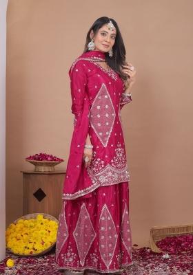 Rani Pink Embroidered Silk Blend Kurta Set
