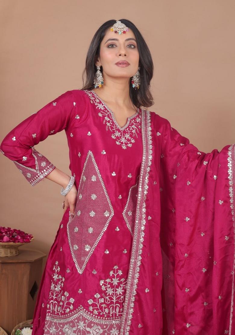 Rani Pink Embroidered Silk Blend Kurta Set - Indya