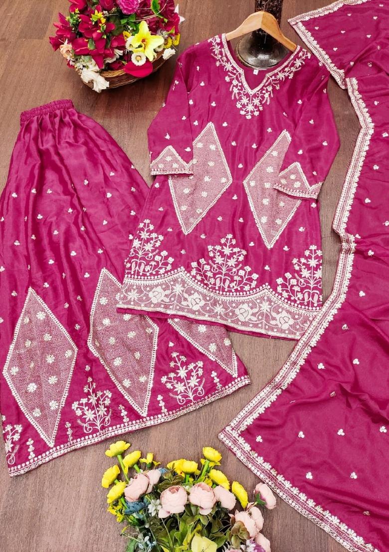 Rani Pink Embroidered Silk Blend Kurta Set - Indya