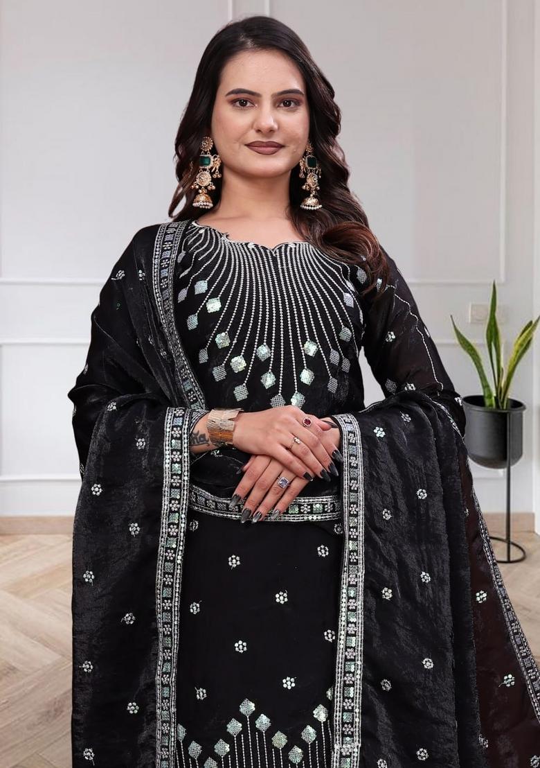 Black Embroidered Silk Blend Kurta Set - Indya