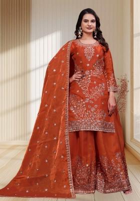 Orange Embroidered Silk Blend Kurta Set