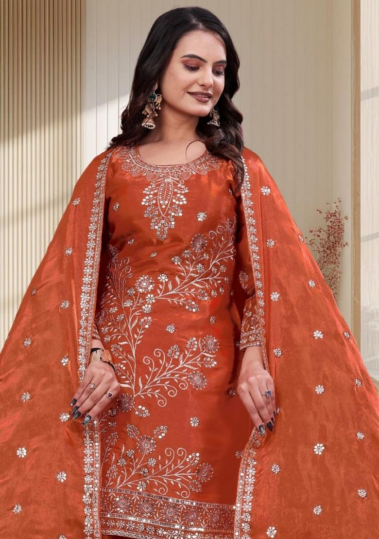 Orange Embroidered Silk Blend Kurta Set - Indya