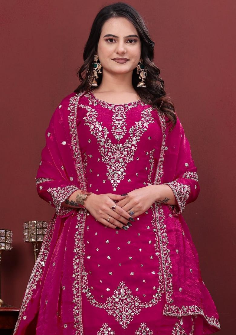 Rani Pink Embroidered Silk Blend Kurta Set - Indya