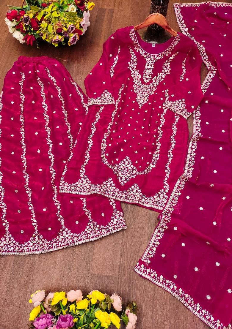 Rani Pink Embroidered Silk Blend Kurta Set - Indya