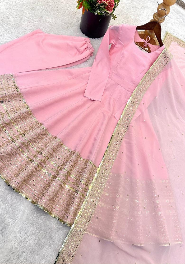 Baby Pink Embroidered Silk Blend Kurta Set - Indya