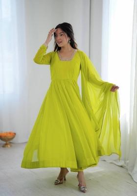 Parrot Green Plain Georgette Kurta Set
