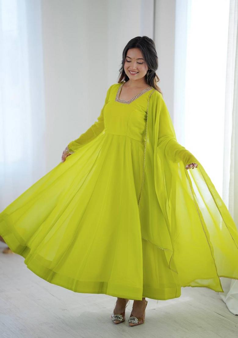 Parrot Green Plain Georgette Kurta Set - Indya
