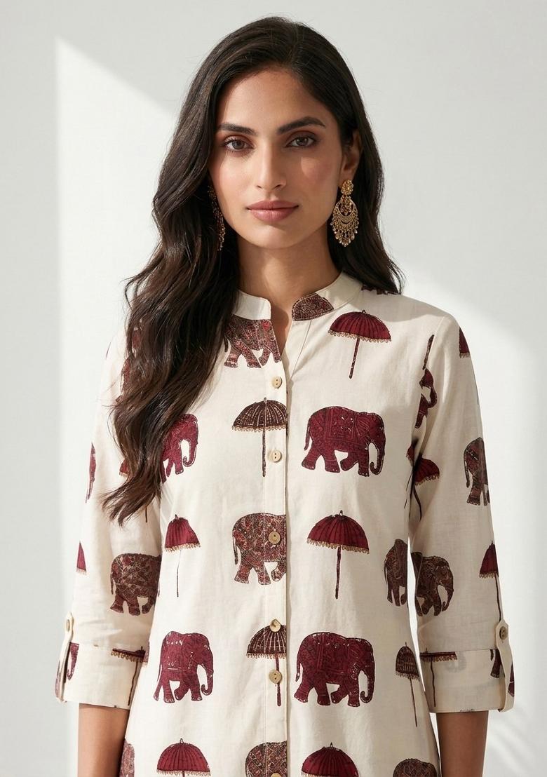 Red Printed Cotton Kurta Set - Indya