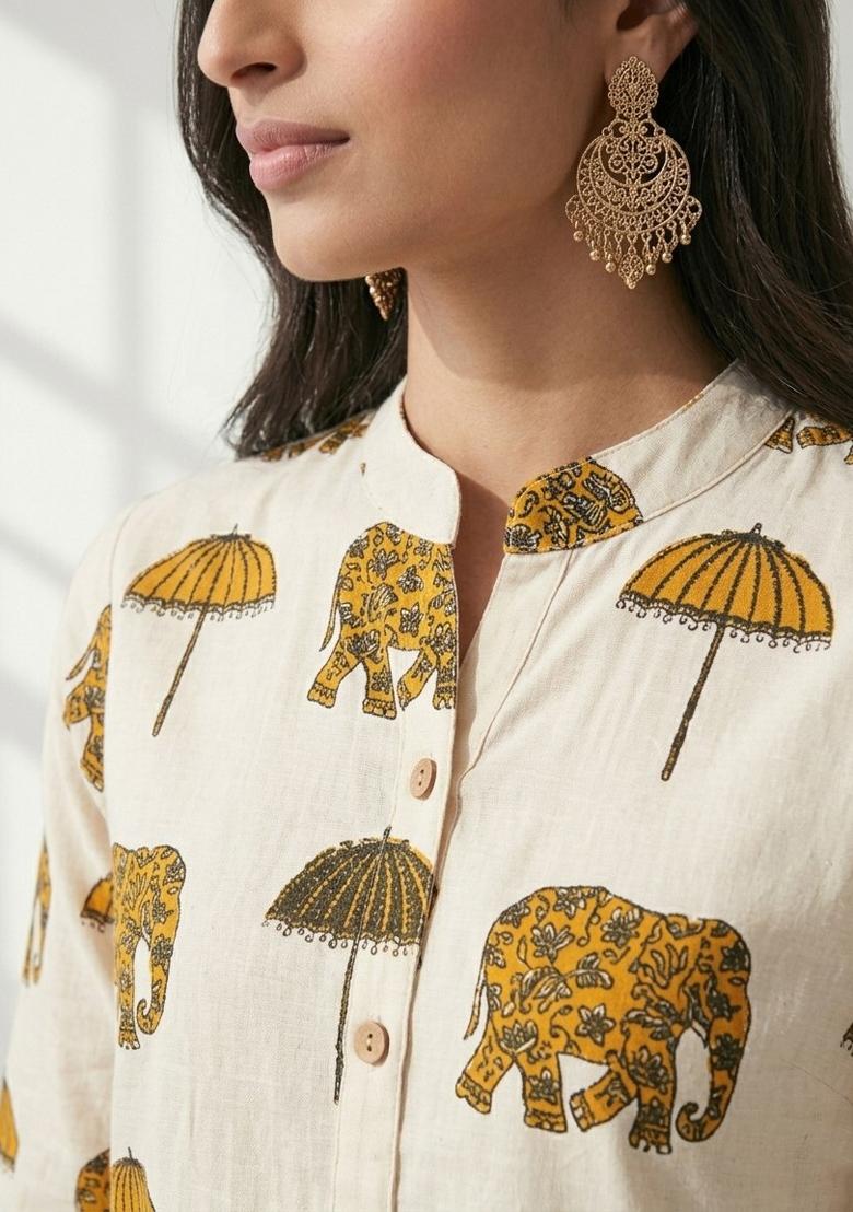 Yellow Printed Cotton Kurta Set - Indya