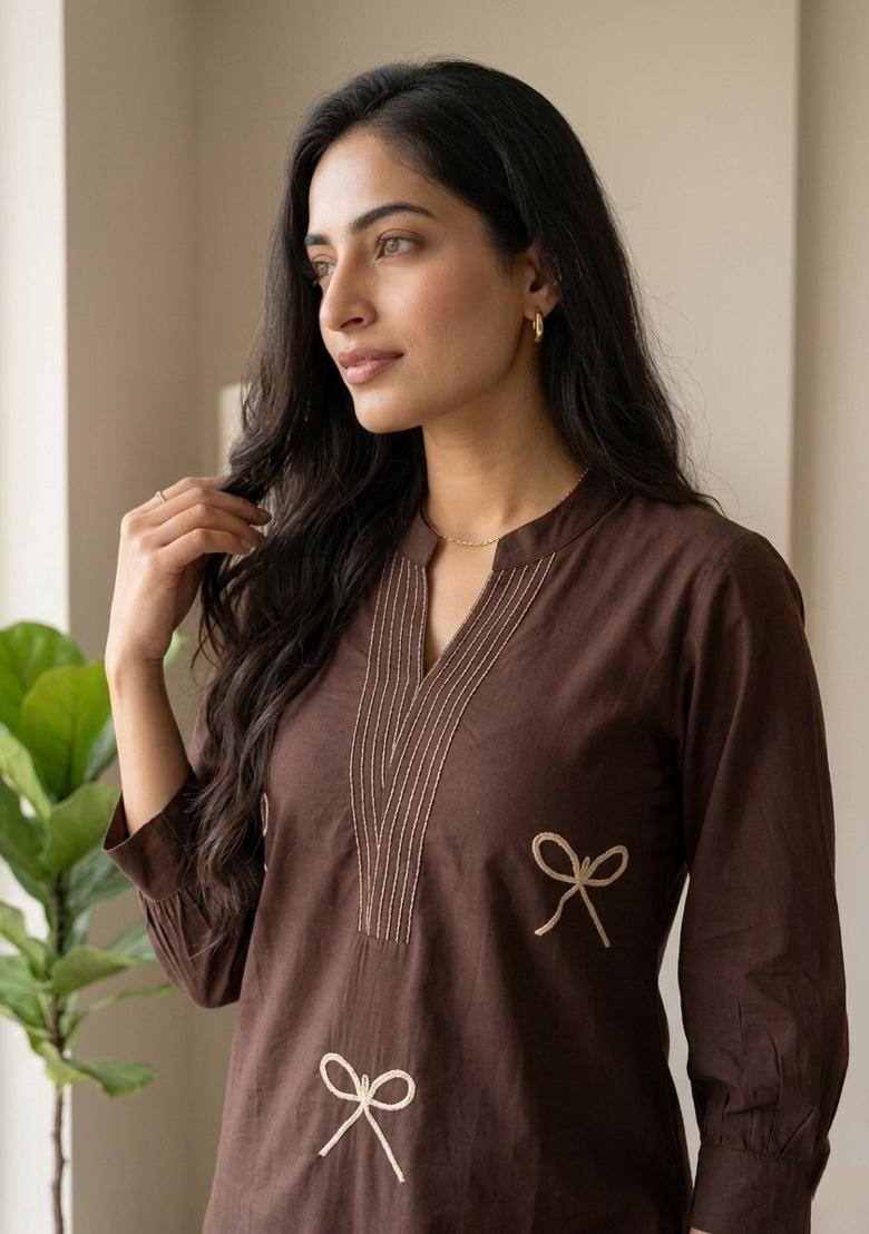 Chocolate Embroidered Cotton Kurta Set - Indya