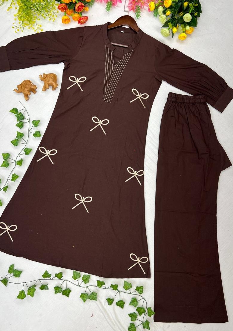 Chocolate Embroidered Cotton Kurta Set - Indya