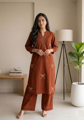 Orange Embroidered Cotton Kurta Set