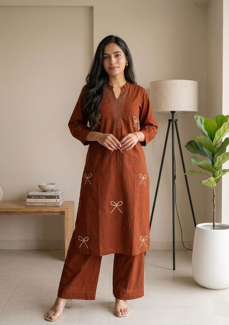 Orange Embroidered Cotton Kurta Set - Indya