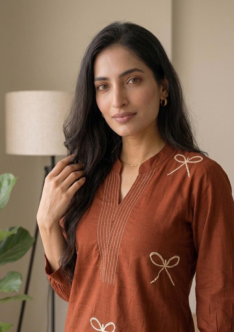 Orange Embroidered Cotton Kurta Set - Indya