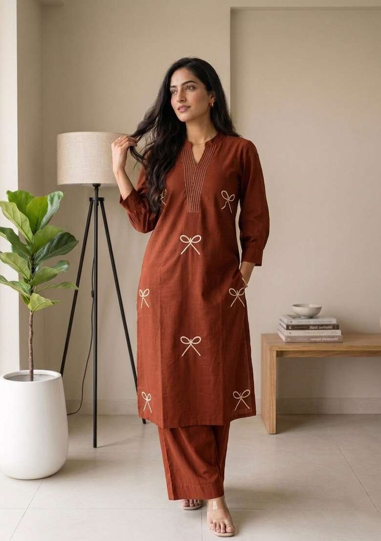 Orange Embroidered Cotton Kurta Set - Indya