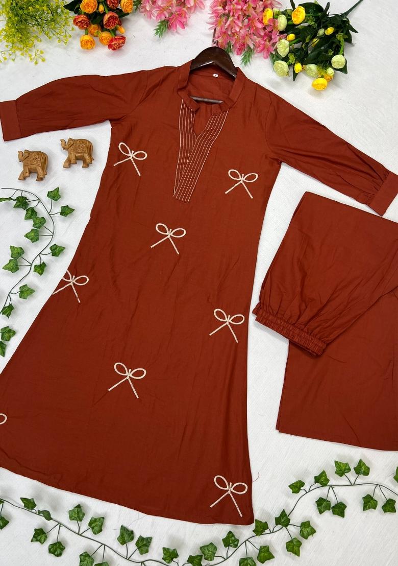 Orange Embroidered Cotton Kurta Set - Indya
