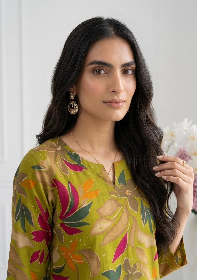 Green Printed Cotton Kurta Set - Indya