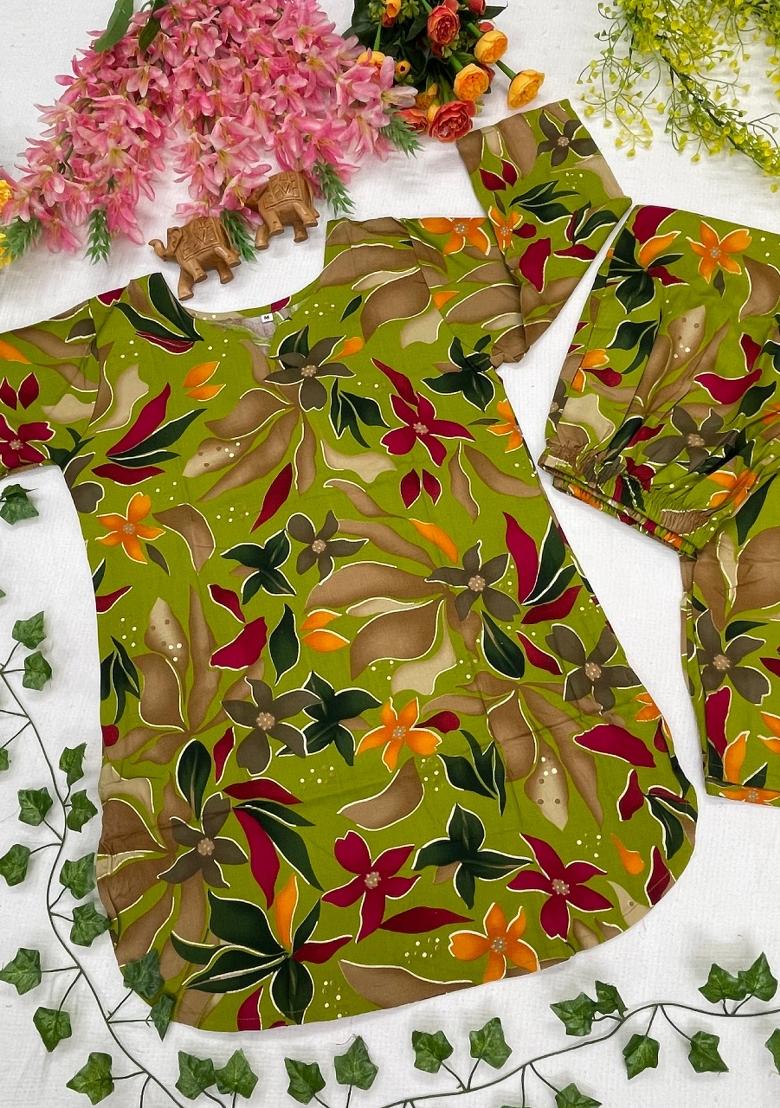 Green Printed Cotton Kurta Set - Indya