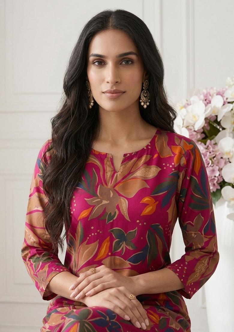 Red Printed Cotton Kurta Set - Indya