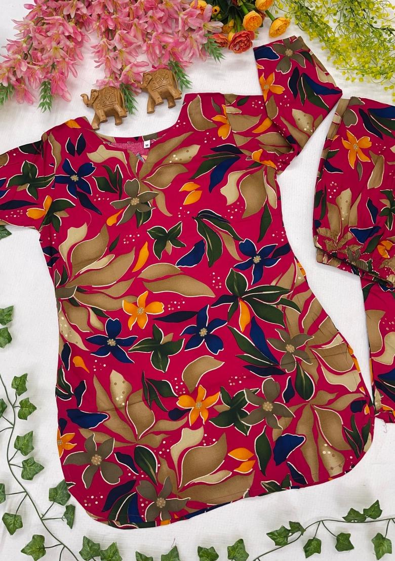 Red Printed Cotton Kurta Set - Indya