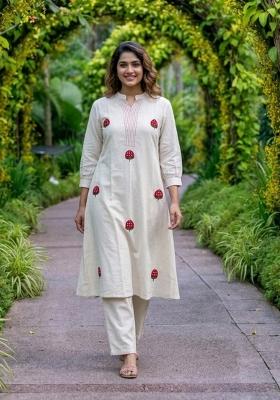 Red Embroidered Cotton Kurta Set