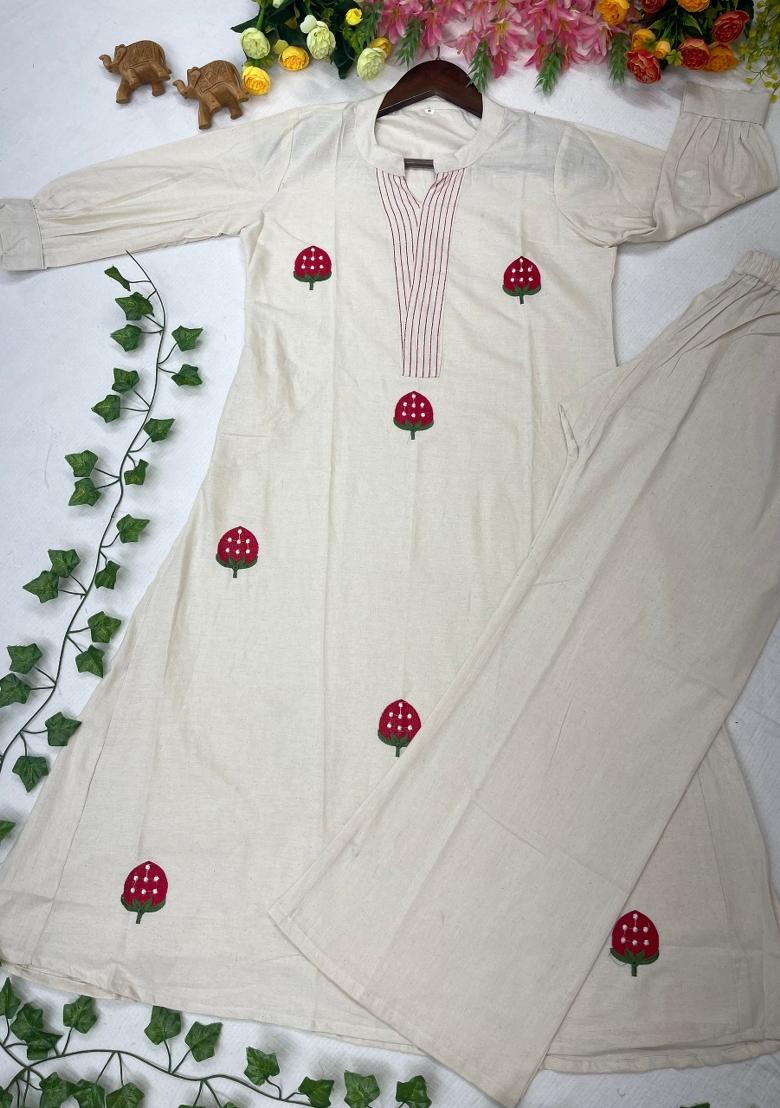 Red Embroidered Cotton Kurta Set - Indya