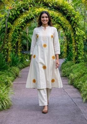 Yellow Embroidered Cotton Kurta Set