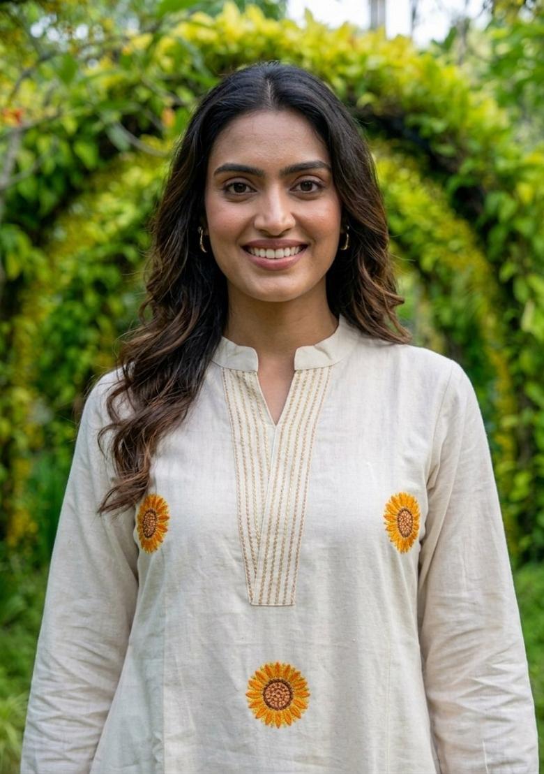 Yellow Embroidered Cotton Kurta Set - Indya