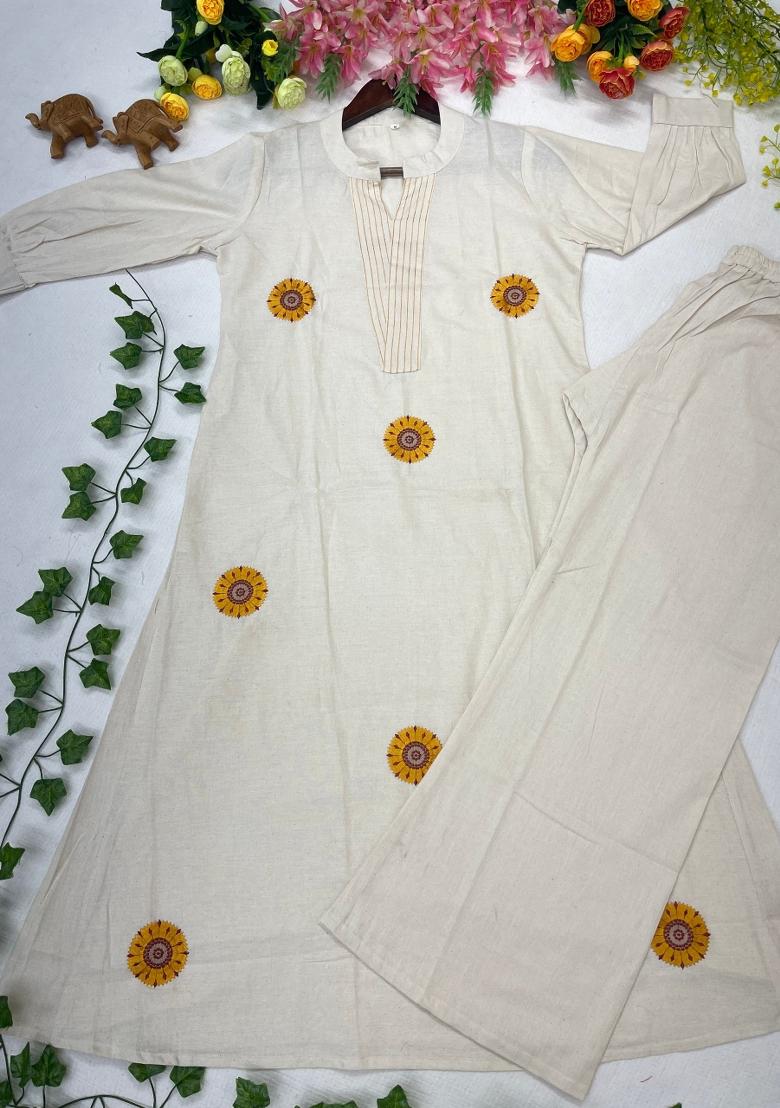 Yellow Embroidered Cotton Kurta Set - Indya
