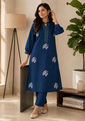 Blue Embroidered Cotton Kurta Set
