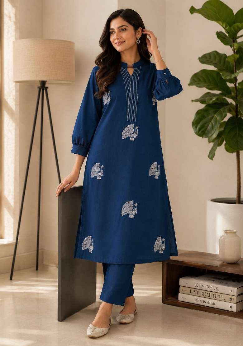 Blue Embroidered Cotton Kurta Set - Indya