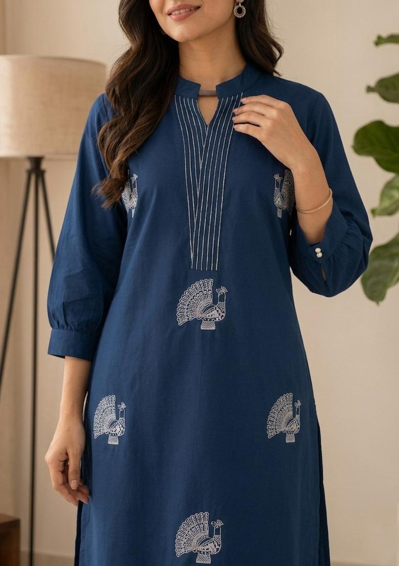 Blue Embroidered Cotton Kurta Set - Indya