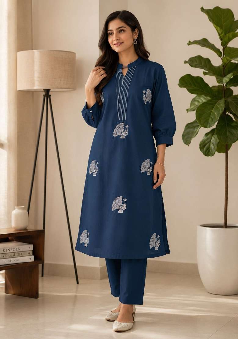 Blue Embroidered Cotton Kurta Set - Indya