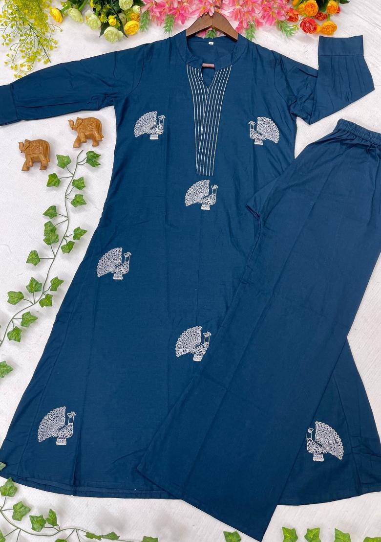 Blue Embroidered Cotton Kurta Set - Indya