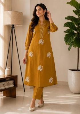 Mustard Embroidered Cotton Kurta Set
